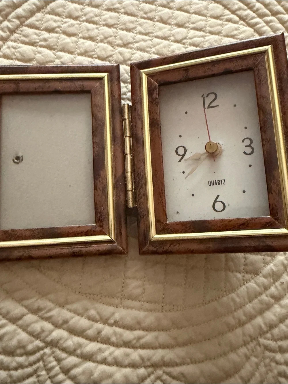 Vintage-Style Folding Table Clock and Photo Frame in Brown and Gold